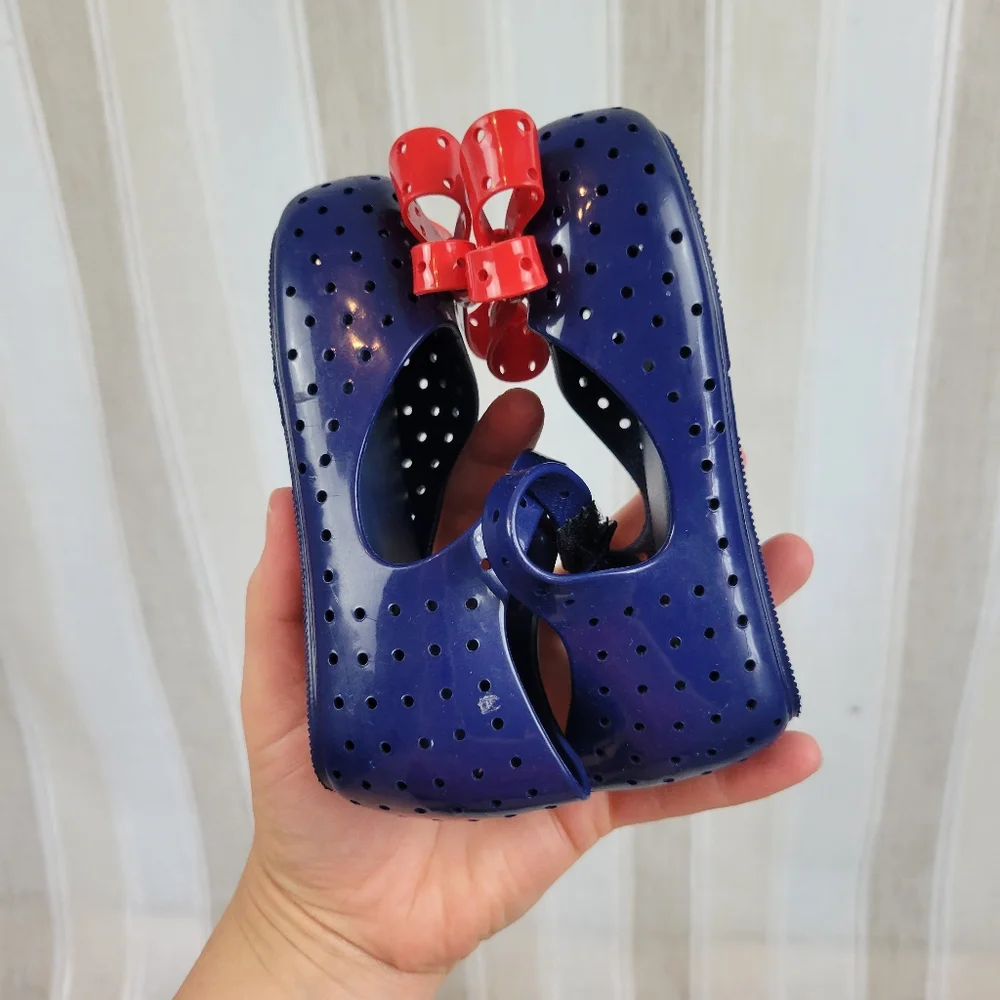 Mini Melissa Furadinha Jelly Flats Mary Jane Shoes Size 7 Blue Red Bow‎